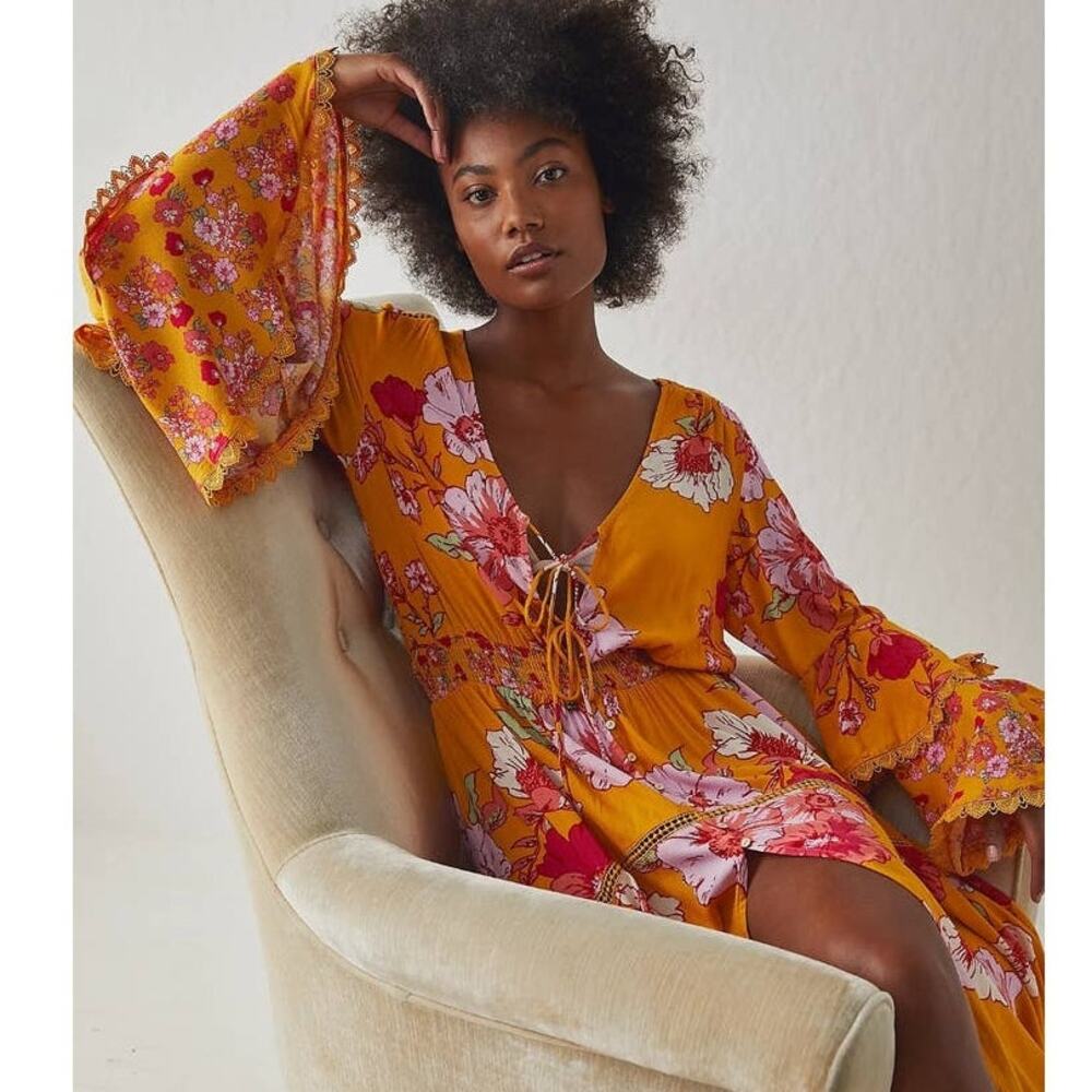 New Free People INTIMATELY Penny Floral Maxi Bodysuit $228 SMALL Gold Combo